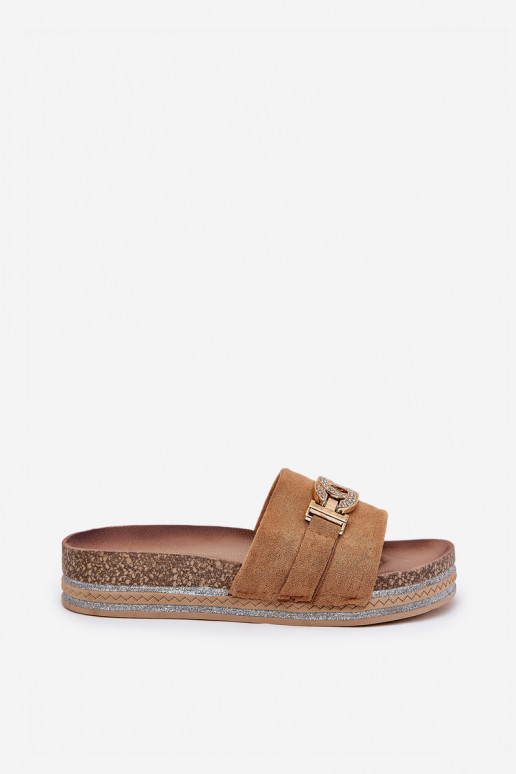 Dámske papuče Ze zlatej farbym Detalem s platformou s leskom Hnedá farba Eanes