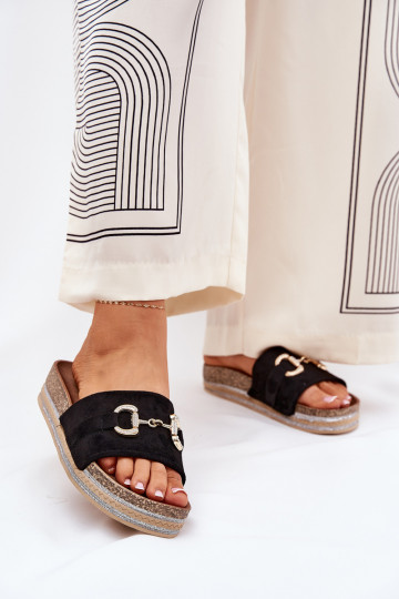 Dámske papuče s platformou so zlatými detailmi A trblietky čierna Morisela