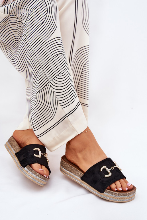 Dámske papuče s platformou so zlatými detailmi A trblietky čierna Morisela