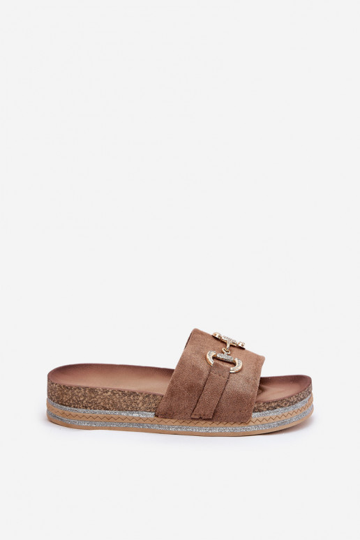 Dámske papuče s platformou so zlatými detailmi A trblietky khaki farby Morisela