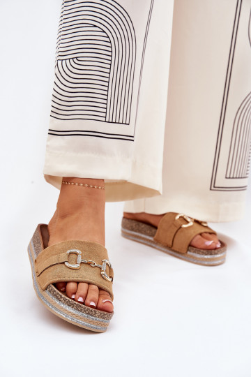 Dámske papuče s platformou so zlatými detailmi A trblietky Hnedá farba Morisela