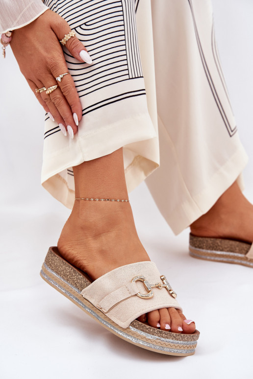 Dámske papuče s platformou so zlatými detailmi A trblietky béžová Morisela