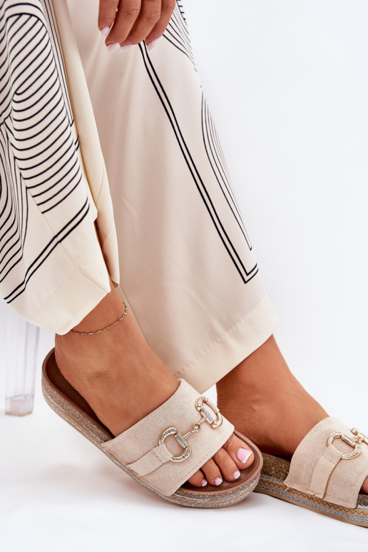 Dámske papuče s platformou so zlatými detailmi A trblietky béžová Morisela
