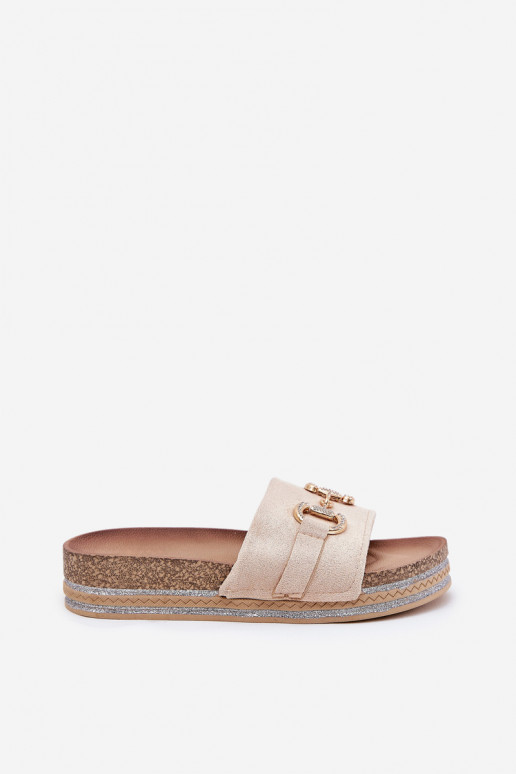 Dámske papuče s platformou so zlatými detailmi A trblietky béžová Morisela