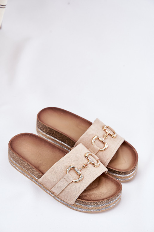 Dámske papuče s platformou so zlatými detailmi A trblietky béžová Morisela