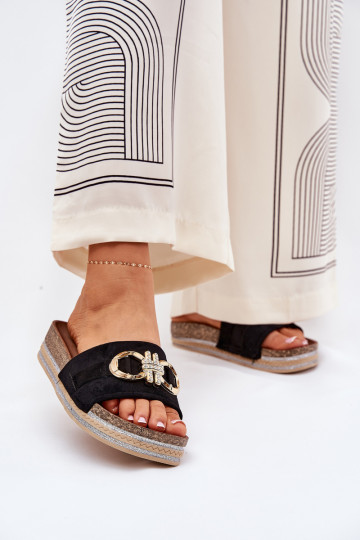 Dámske papuče s platformou s leskom I Złotą Ozdobą čierna Rilirea