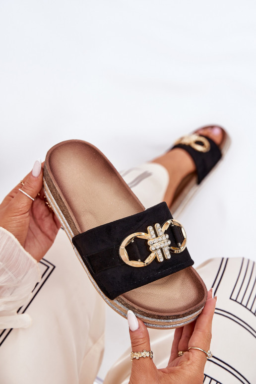 Dámske papuče s platformou s leskom I Złotą Ozdobą čierna Rilirea