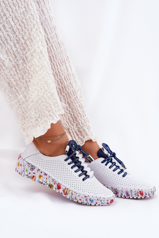 Kožené topánky Zapnuté Vzorovanéj Platformie Artiker 52C1713 biely-tmavomodrá