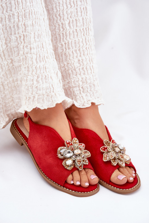 Dámske sandále so širokými podpätkami s ozdobami S.Barski KV27-001 červená