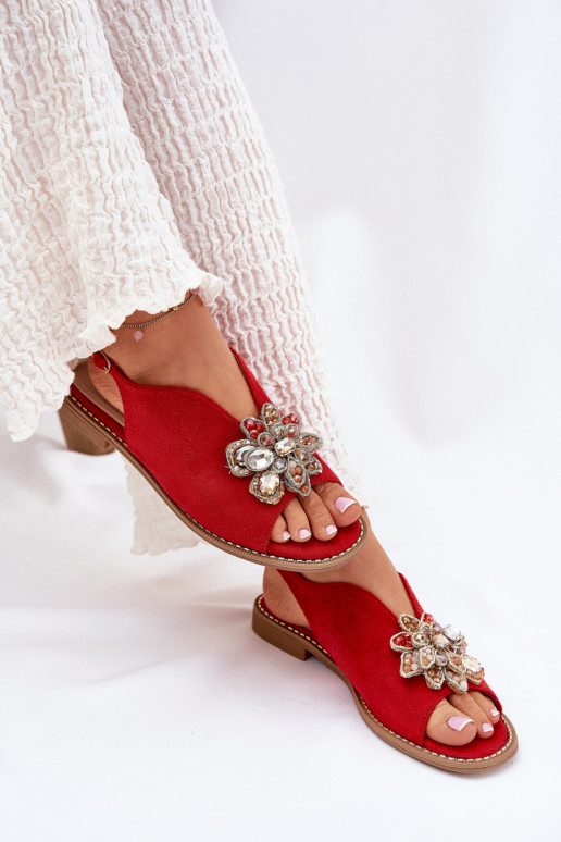 Dámske sandále so širokými podpätkami s ozdobami S.Barski KV27-001 červená