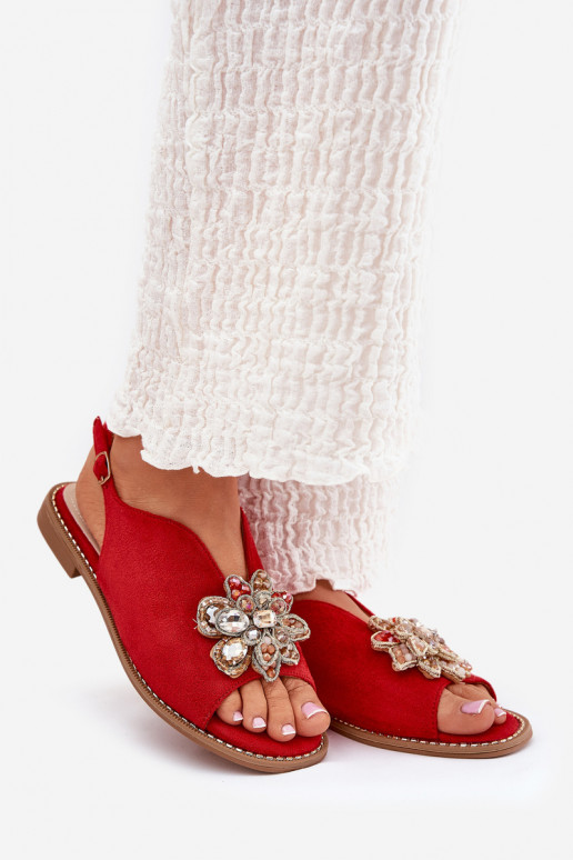 Dámske sandále so širokými podpätkami s ozdobami S.Barski KV27-001 červená