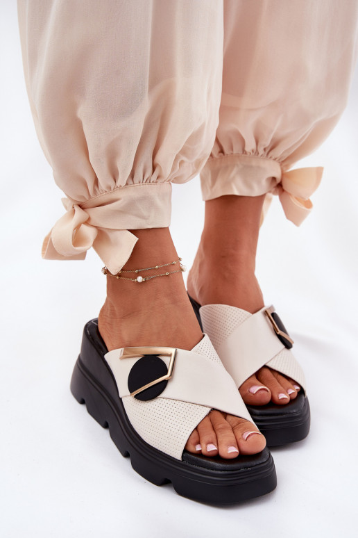 Elegantný štýl Kožené papuče Dámske Zapnuté INedge s ozdobami Artiker 56C1585 béžová Elegantný štýl Kožené papuče Dámske Zapnuté INedge s ozdobami Artiker 56C1585 béžová