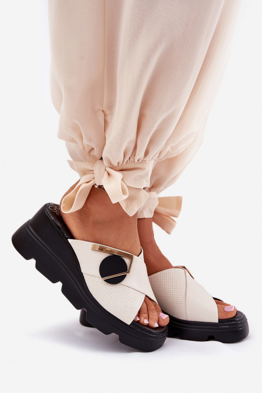 Elegantný štýl Kožené papuče Dámske Zapnuté INedge s ozdobami Artiker 56C1585 béžová Elegantný štýl Kožené papuče Dámske Zapnuté INedge s ozdobami Artiker 56C1585 béžová