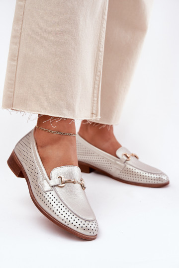 Kožené dámske mokasíny s ozdobami so širokými podpätkami S.Barski LR51-594 strieborná farba