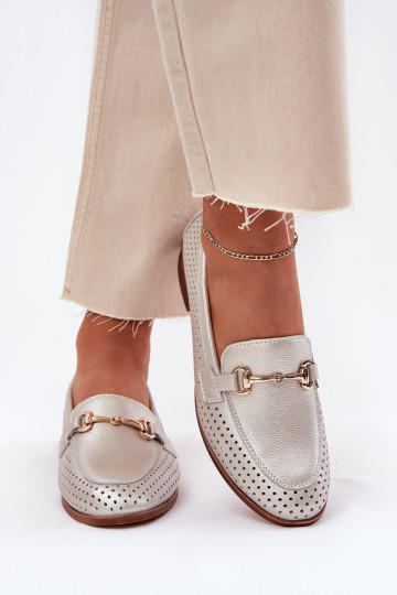 Kožené dámske mokasíny s ozdobami so širokými podpätkami S.Barski LR51-594 strieborná farba 2