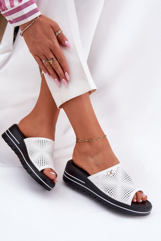 Kožené papuče Dámske Zapnuté INedge Vinceza 41477 biela farba