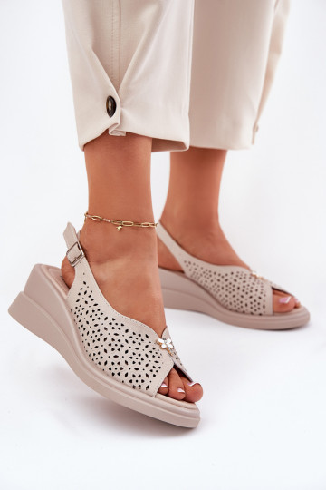 Kožené Prelamované sandále Dámske Zapnuté INedge Vinceza 79529 béžová