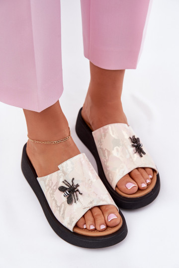 Kožené papuče Dámske Z Broszką Vinceza 66752 béžová