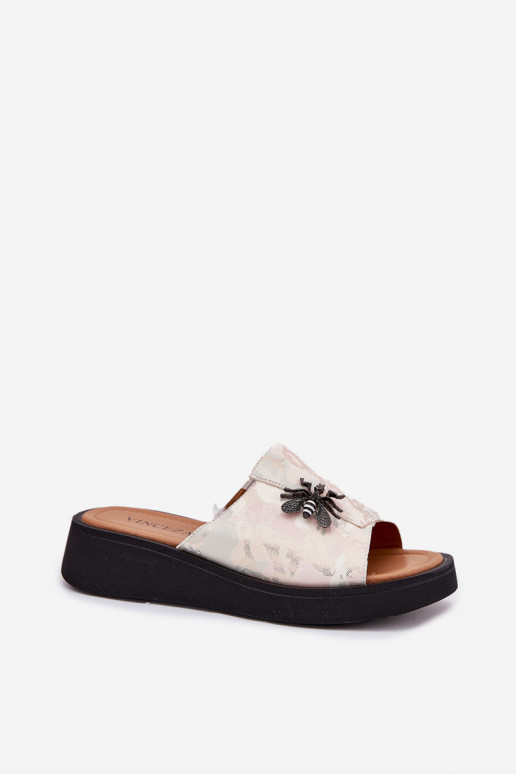 Kožené papuče Dámske Z Broszką Vinceza 66752 béžová Kožené papuče Dámske Z Broszką Vinceza 66752 béžová