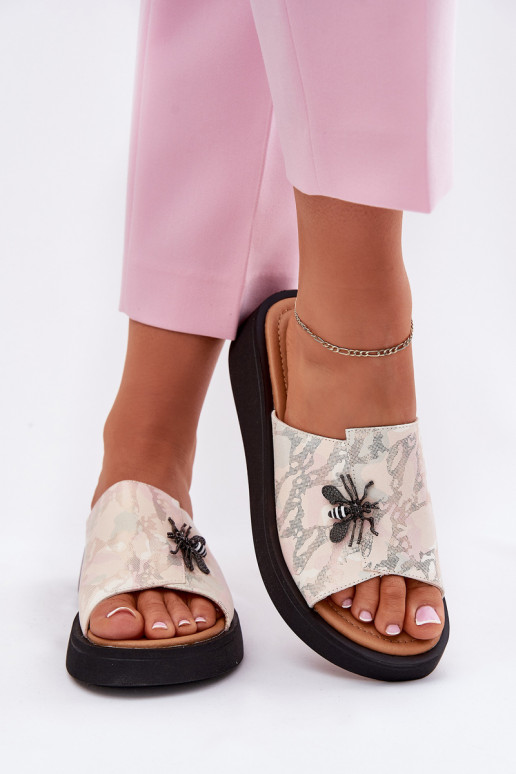 Kožené papuče Dámske Z Broszką Vinceza 66752 béžová Kožené papuče Dámske Z Broszką Vinceza 66752 béžová