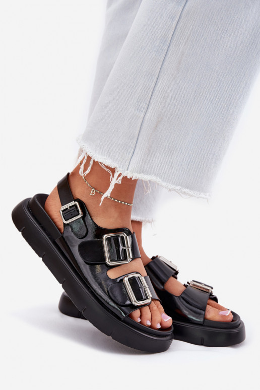 Kožené Lakované sandále pre ženy s prackami Big Star RR274662 čierna