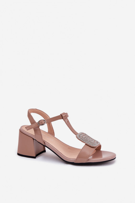 Kožené Lakované sandále pre ženy s podpätkami s ozdobami Vinceza 91134 béžová