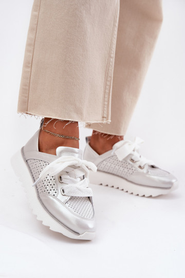 Kožené Tenisky model obuvi Dámske s platformou D&A LR51-796 strieborná farba