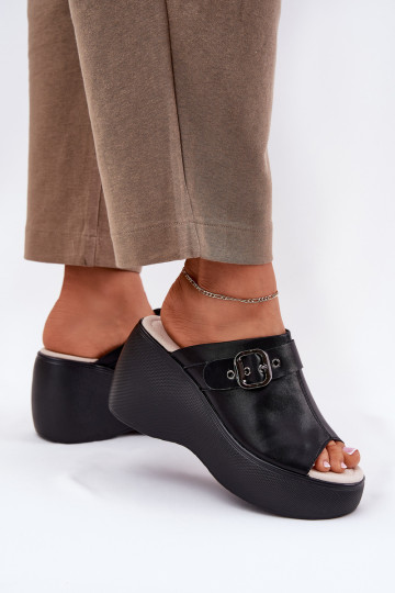 Kožené papuče Dámske s platformou I Koturnie s prackami S.Barski LR51-542 čierna