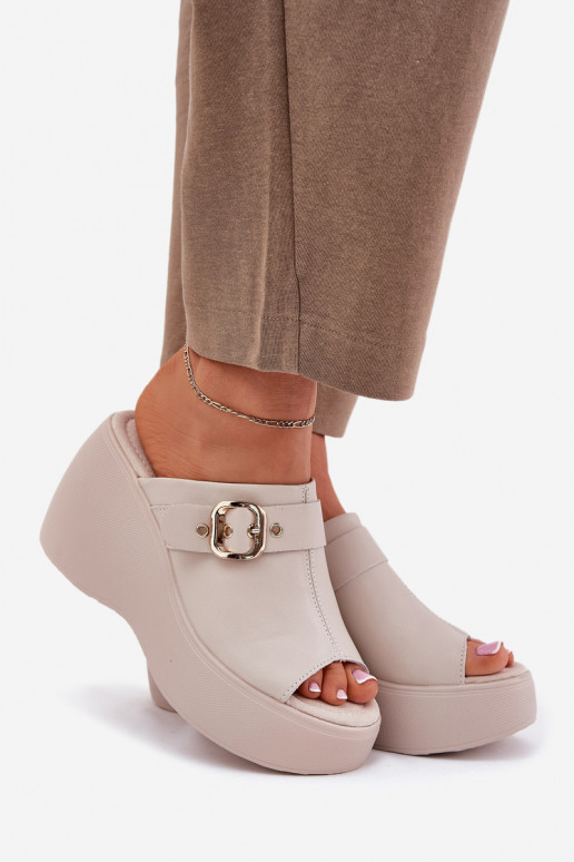Kožené papuče Dámske s platformou I Koturnie s prackami S.Barski LR51-542 béžová