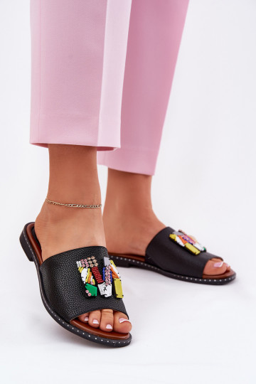 Dámske papuče so širokými podpätkami s ozdobami čierna Clelione 2