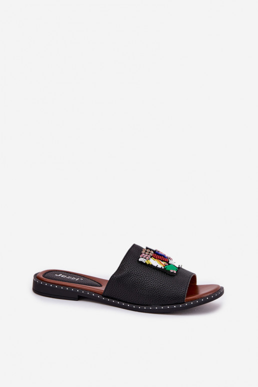 Dámske papuče so širokými podpätkami s ozdobami čierna Clelione