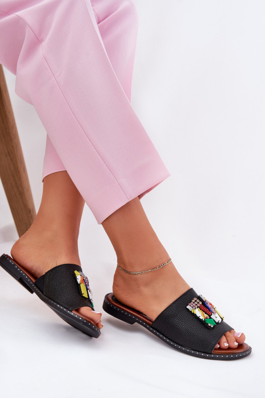 Dámske papuče so širokými podpätkami s ozdobami čierna Clelione