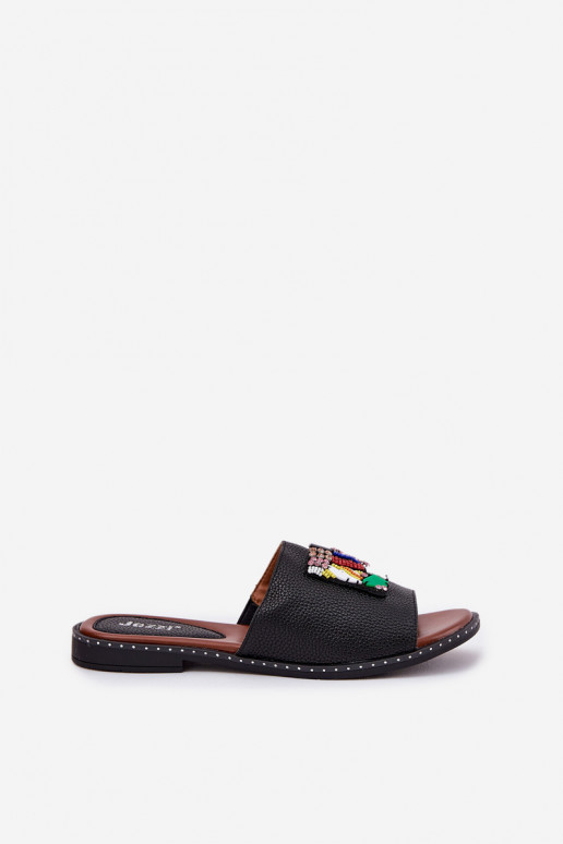 Dámske papuče so širokými podpätkami s ozdobami čierna Clelione