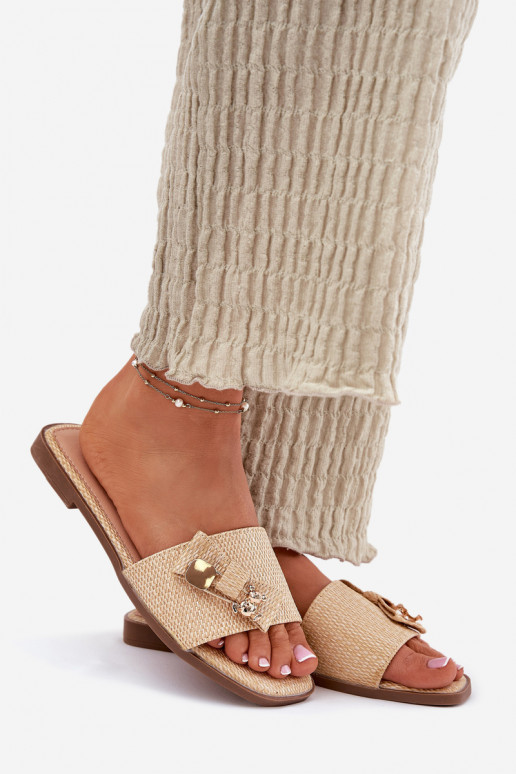 Dámske papuče so širokými podpätkami so stuhami béžová Sallariela