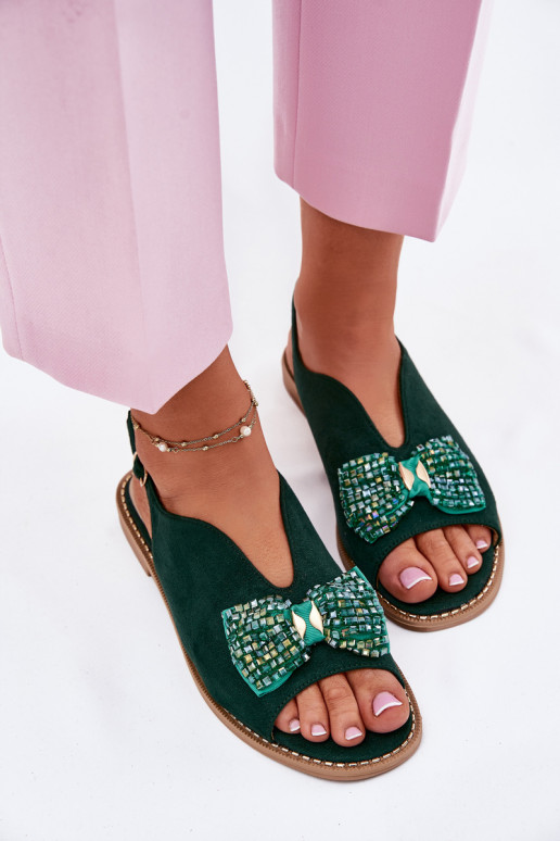 Dámske sandále so stuhami so širokými podpätkami S.Barski KV51-014 zelená farba