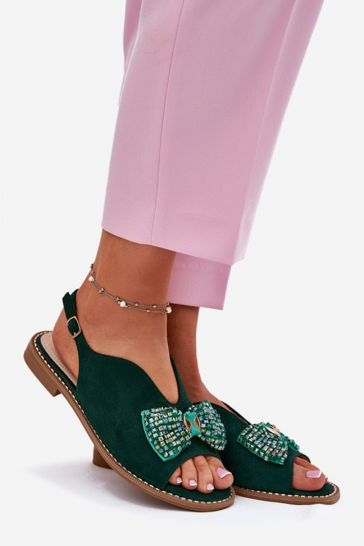 Dámske sandále so stuhami so širokými podpätkami S.Barski KV51-014 zelená farba