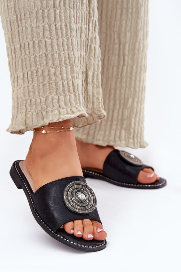 Dámske papuče so širokými podpätkami s ozdobami S.Barski KV51-013 čierna 2