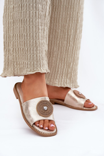 Dámske papuče so širokými podpätkami s ozdobami S.Barski KV51-013 zlatej farby