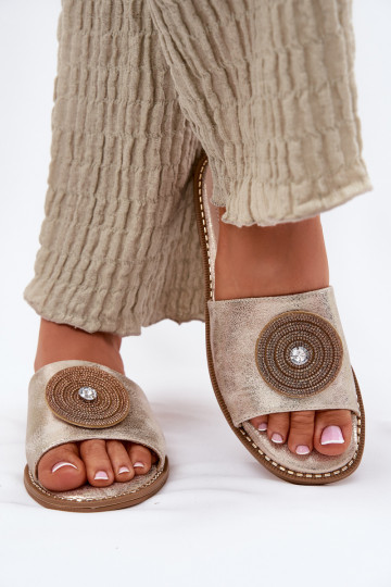 Dámske papuče so širokými podpätkami s ozdobami S.Barski KV51-013 zlatej farby 2