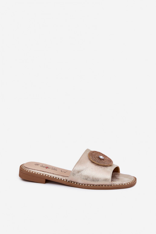 Dámske papuče so širokými podpätkami s ozdobami S.Barski KV51-013 zlatej farby