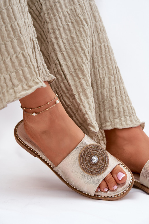 Dámske papuče so širokými podpätkami s ozdobami S.Barski KV51-013 zlatej farby