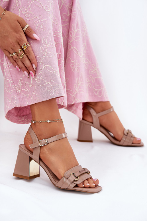 Kožené Lakované sandále pre ženy s podpätkami béžová Mevonelle