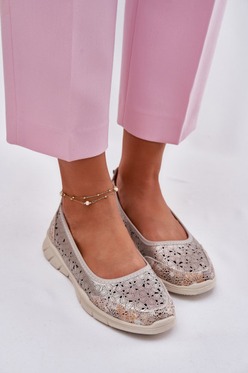 Kožené s prvkami prelamovania Jednoduché Balerínky zlatej farby Leaneila