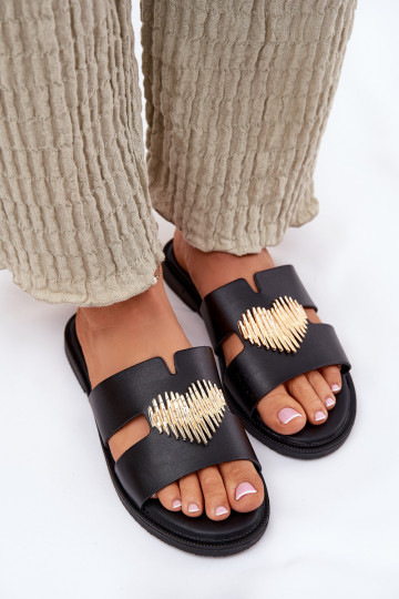 Dámske papuče so širokými podpätkami so zlatými detailmi čierna Karinma