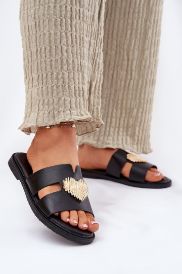 Dámske papuče so širokými podpätkami so zlatými detailmi čierna Karinma 2