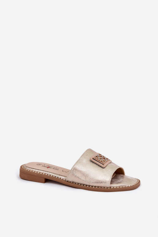 Dámske ploché žabky s ozdobami S.Barski KV51-089 zlatej farby