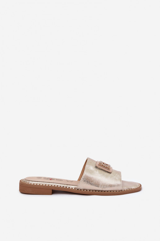 Dámske ploché žabky s ozdobami S.Barski KV51-089 zlatej farby