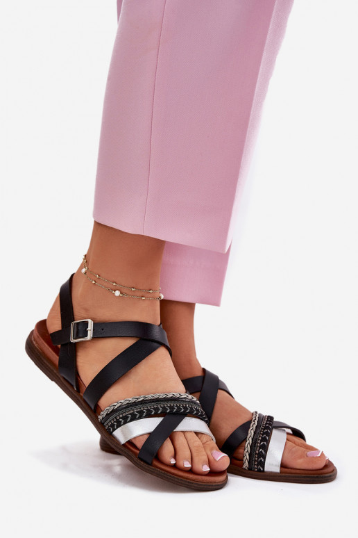 Dámske ploché sandále S pruhmi Sergio Leone SK087H čierna Dámske ploché sandále S pruhmi Sergio Leone SK087H čierna