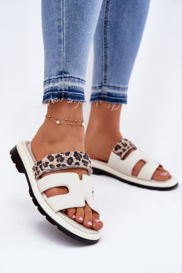 Kožené papuče Dámske Z s lepiacim zapínanímem so vzormi leopardej kožušiny Vinceza 66769 slonovina 2