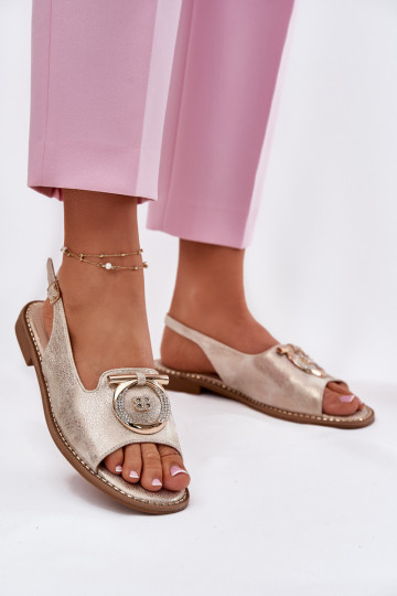 Elegantný štýl sandále s ozdobami so širokými podpätkami S.Barski KV51-003 zlatej farby